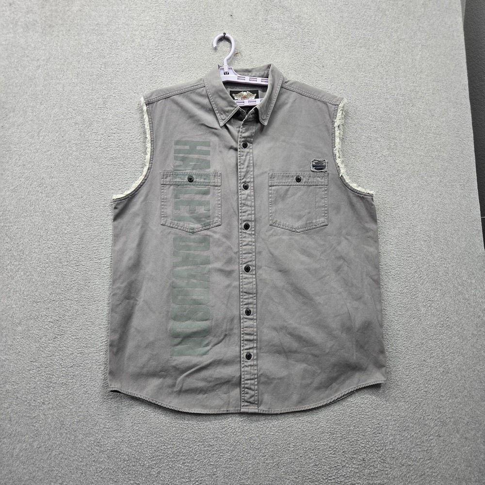 Harley-Davidson Men Button Up Shirt XL Gray Sleeveless Embroidered Logo Graphic